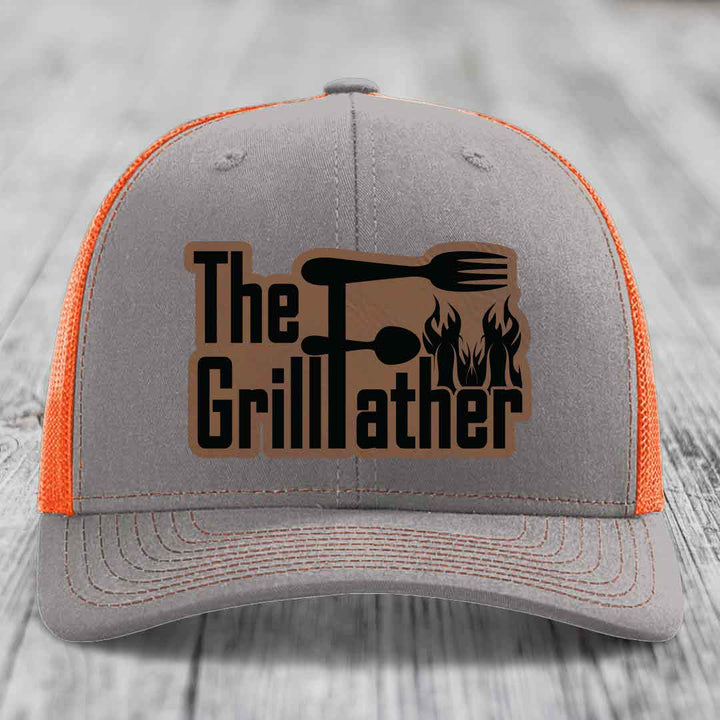 The Grillfather - Leather Patch Hat - Dark Brown to Black Patch - Richardson 112 Snapback Trucker Hat