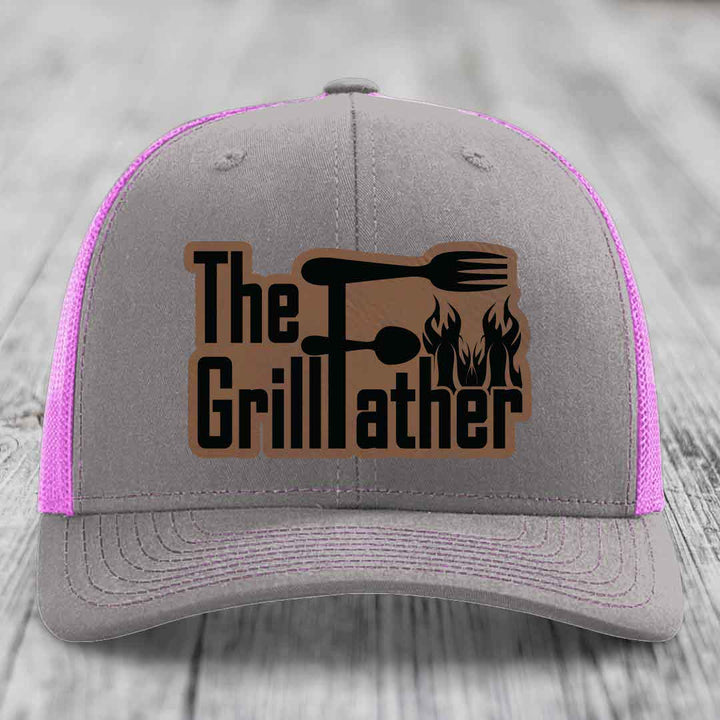 The Grillfather - Leather Patch Hat - Dark Brown to Black Patch - Richardson 112 Snapback Trucker Hat
