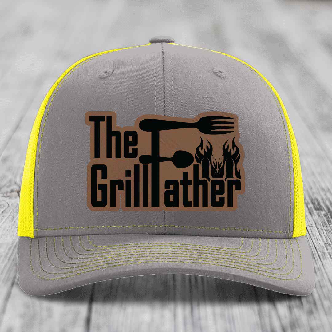 The Grillfather - Leather Patch Hat - Dark Brown to Black Patch - Richardson 112 Snapback Trucker Hat