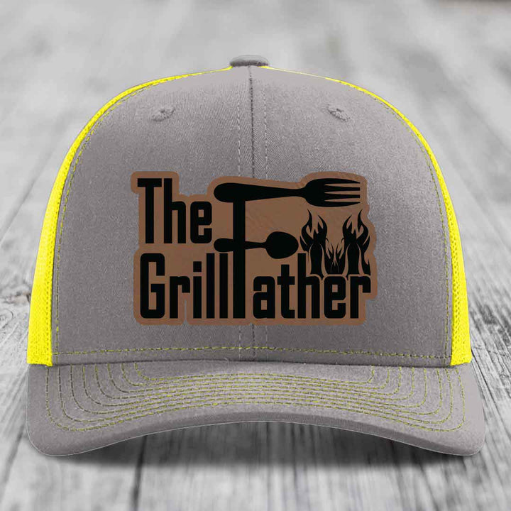 The Grillfather - Leather Patch Hat - Dark Brown to Black Patch - Richardson 112 Snapback Trucker Hat