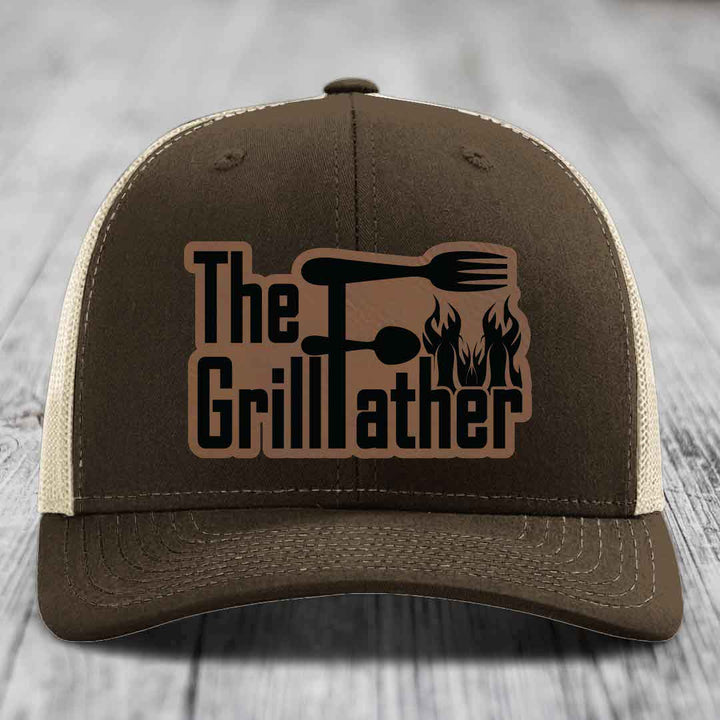 The Grillfather - Leather Patch Hat - Dark Brown to Black Patch - Richardson 112 Snapback Trucker Hat