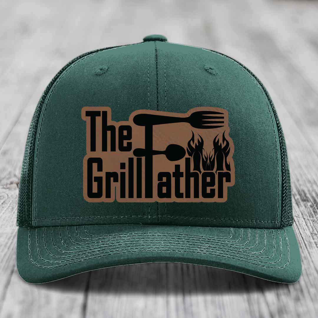 The Grillfather - Leather Patch Hat - Dark Brown to Black Patch - Richardson 112 Snapback Trucker Hat
