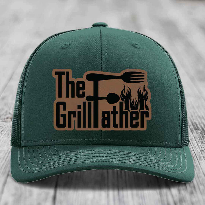 The Grillfather - Leather Patch Hat - Dark Brown to Black Patch - Richardson 112 Snapback Trucker Hat