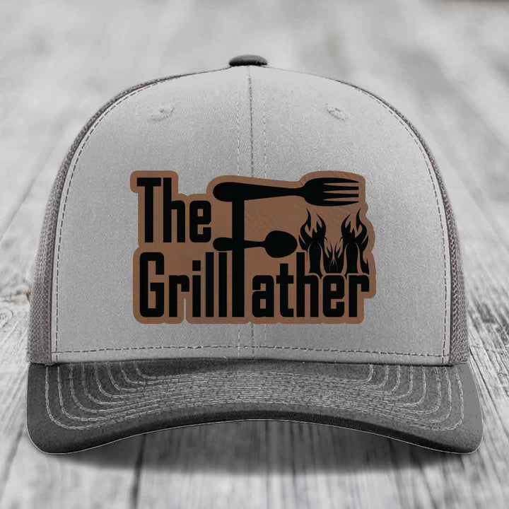 The Grillfather - Leather Patch Hat - Dark Brown to Black Patch - Richardson 112 Snapback Trucker Hat