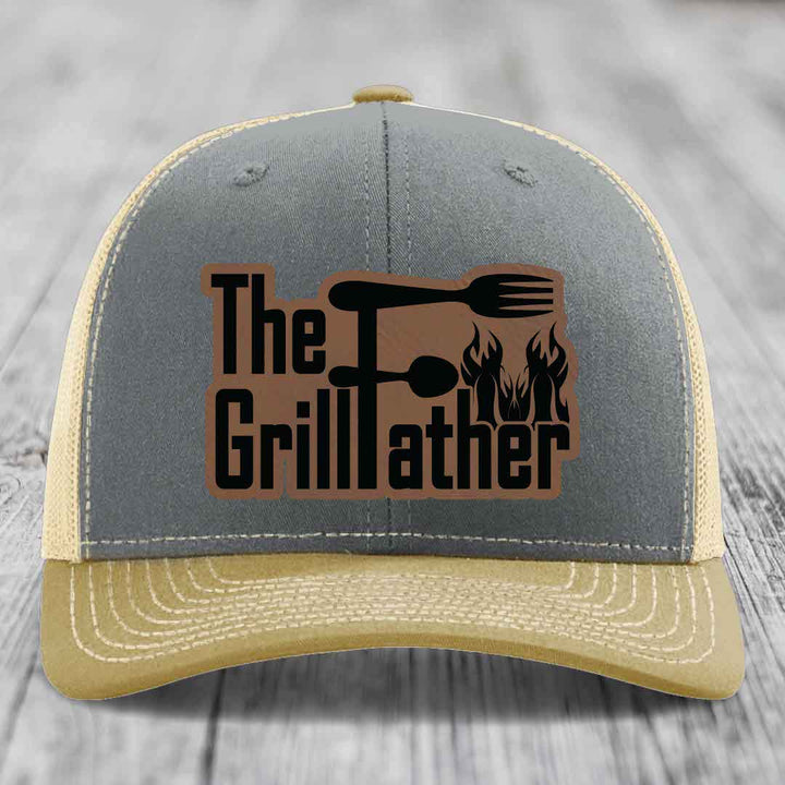 The Grillfather - Leather Patch Hat - Dark Brown to Black Patch - Richardson 112 Snapback Trucker Hat