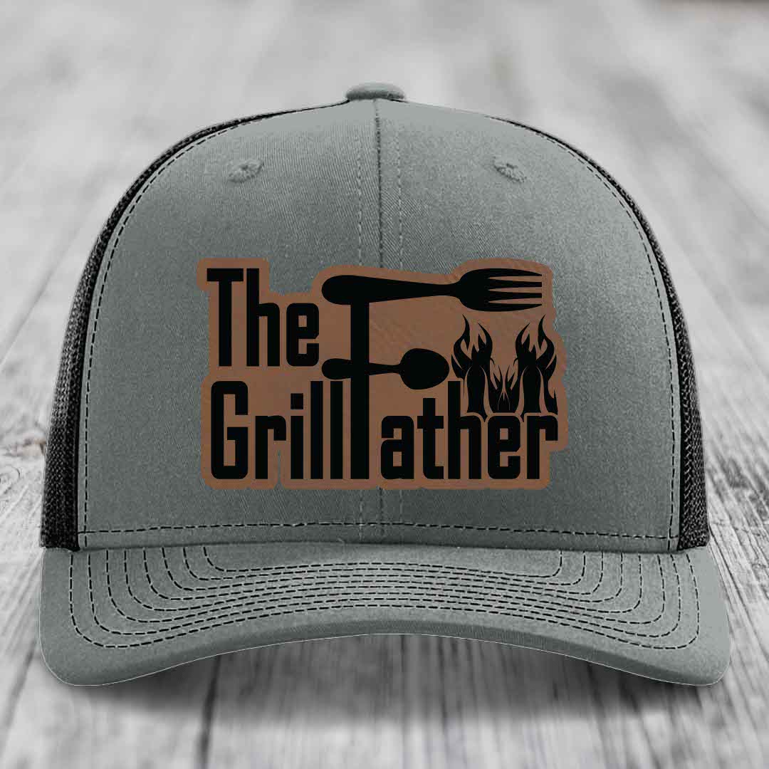 The Grillfather - Leather Patch Hat - Dark Brown to Black Patch - Richardson 112 Snapback Trucker Hat