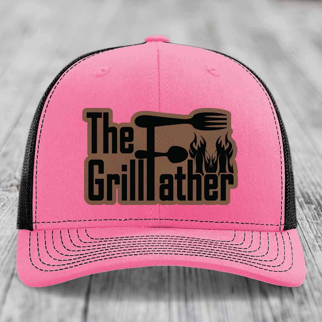 The Grillfather - Leather Patch Hat - Dark Brown to Black Patch - Richardson 112 Snapback Trucker Hat