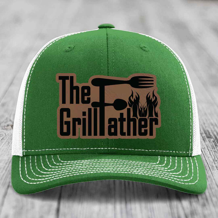 The Grillfather - Leather Patch Hat - Dark Brown to Black Patch - Richardson 112 Snapback Trucker Hat