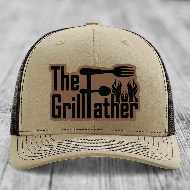 The Grillfather - Leather Patch Hat - Dark Brown to Black Patch - Richardson 112 Snapback Trucker Hat