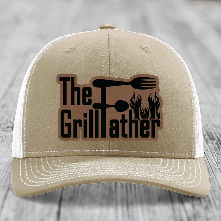 The Grillfather - Leather Patch Hat - Dark Brown to Black Patch - Richardson 112 Snapback Trucker Hat