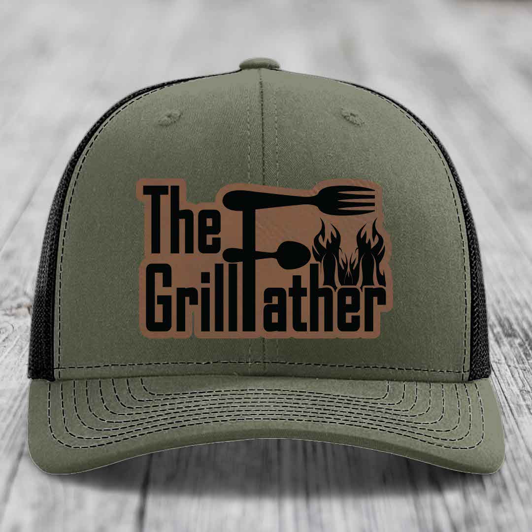 The Grillfather - Leather Patch Hat - Dark Brown to Black Patch - Richardson 112 Snapback Trucker Hat