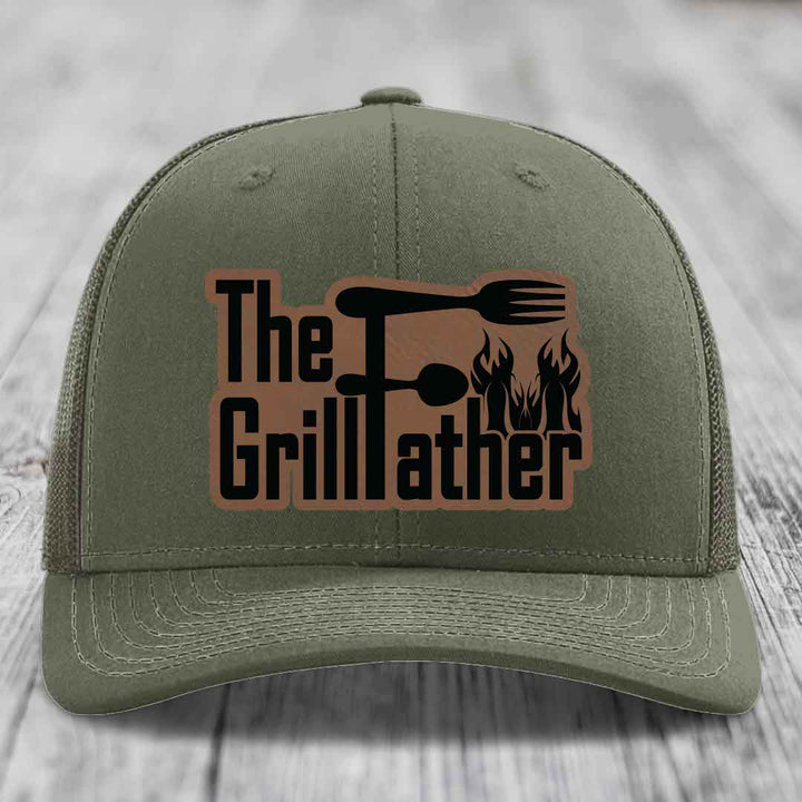 The Grillfather - Leather Patch Hat - Dark Brown to Black Patch - Richardson 112 Snapback Trucker Hat