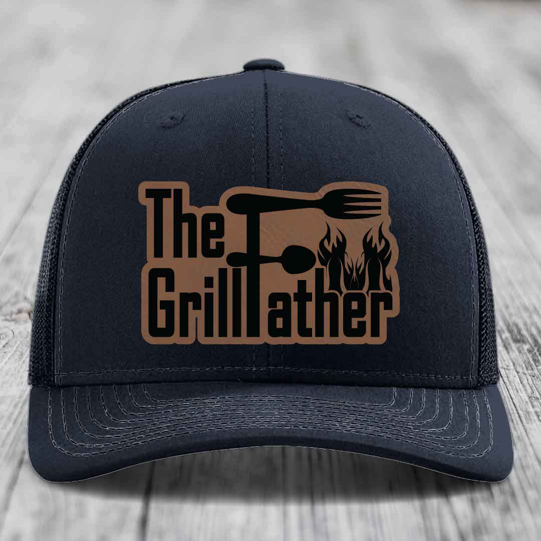 The Grillfather - Leather Patch Hat - Dark Brown to Black Patch - Richardson 112 Snapback Trucker Hat