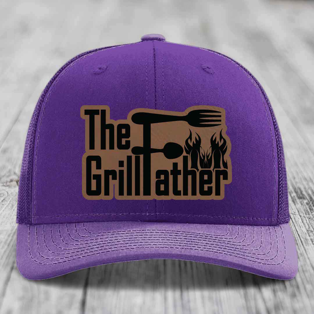 The Grillfather - Leather Patch Hat - Dark Brown to Black Patch - Richardson 112 Snapback Trucker Hat