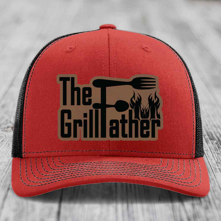 The Grillfather - Leather Patch Hat - Dark Brown to Black Patch - Richardson 112 Snapback Trucker Hat