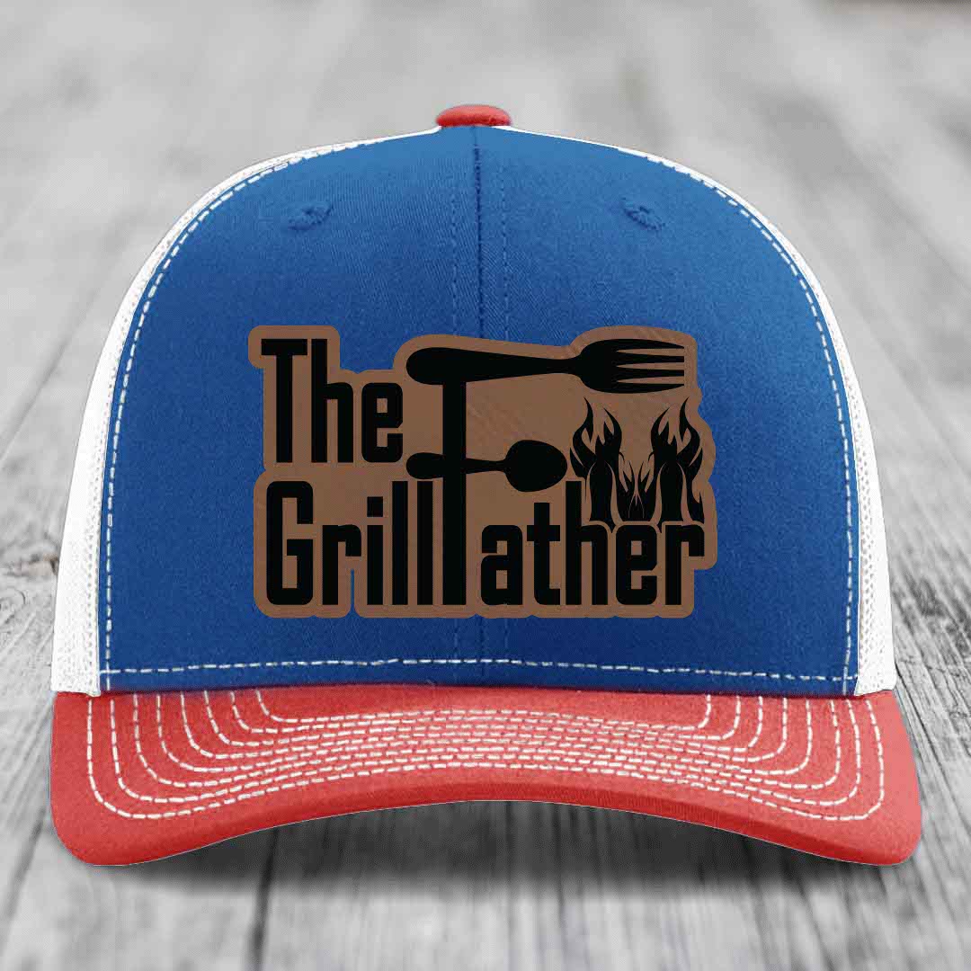 The Grillfather - Leather Patch Hat - Dark Brown to Black Patch - Richardson 112 Snapback Trucker Hat