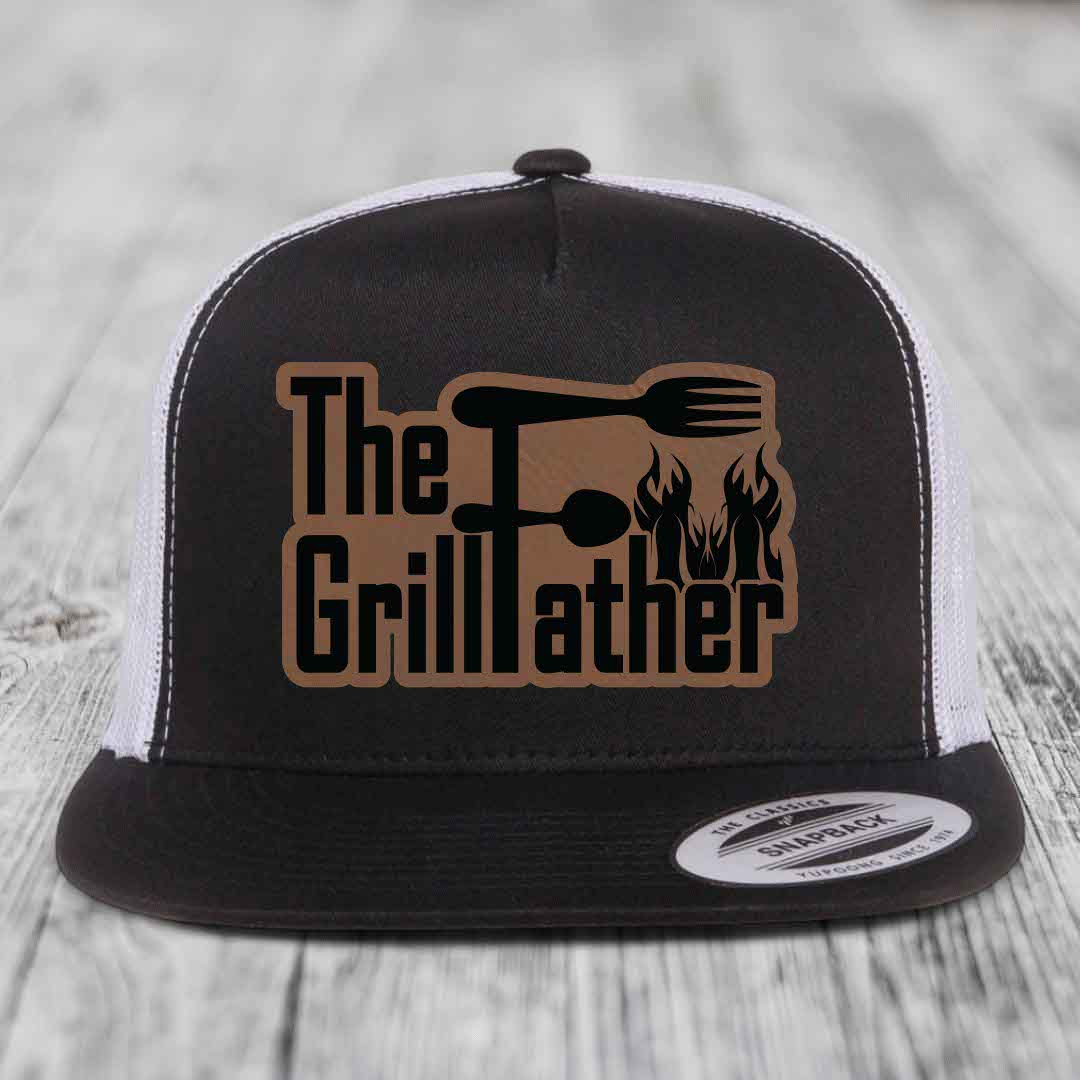 The Grillfather - Leather Patch Hat - Dark Brown to Black Patch - Yupoong 6006 Snapback Flatbill Hat