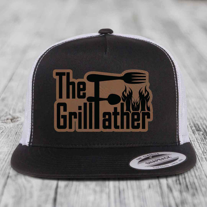 The Grillfather - Leather Patch Hat - Dark Brown to Black Patch - Yupoong 6006 Snapback Flatbill Hat