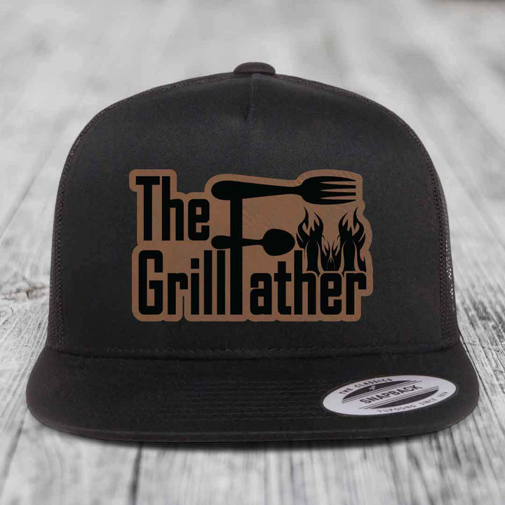 The Grillfather - Leather Patch Hat - Dark Brown to Black Patch - Yupoong 6006 Snapback Flatbill Hat