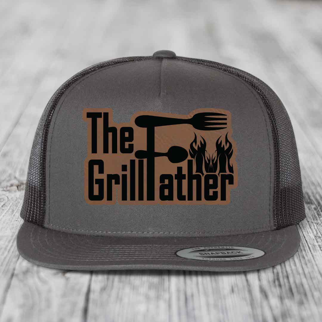 The Grillfather - Leather Patch Hat - Dark Brown to Black Patch - Yupoong 6006 Snapback Flatbill Hat