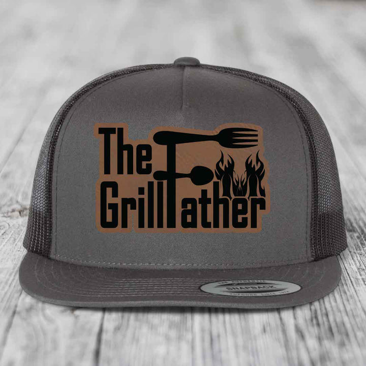 The Grillfather - Leather Patch Hat - Dark Brown to Black Patch - Yupoong 6006 Snapback Flatbill Hat