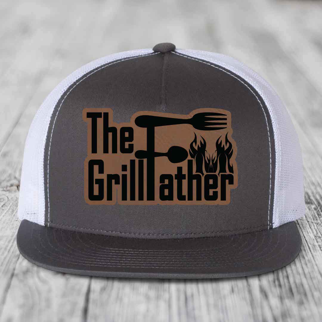 The Grillfather - Leather Patch Hat - Dark Brown to Black Patch - Yupoong 6006 Snapback Flatbill Hat