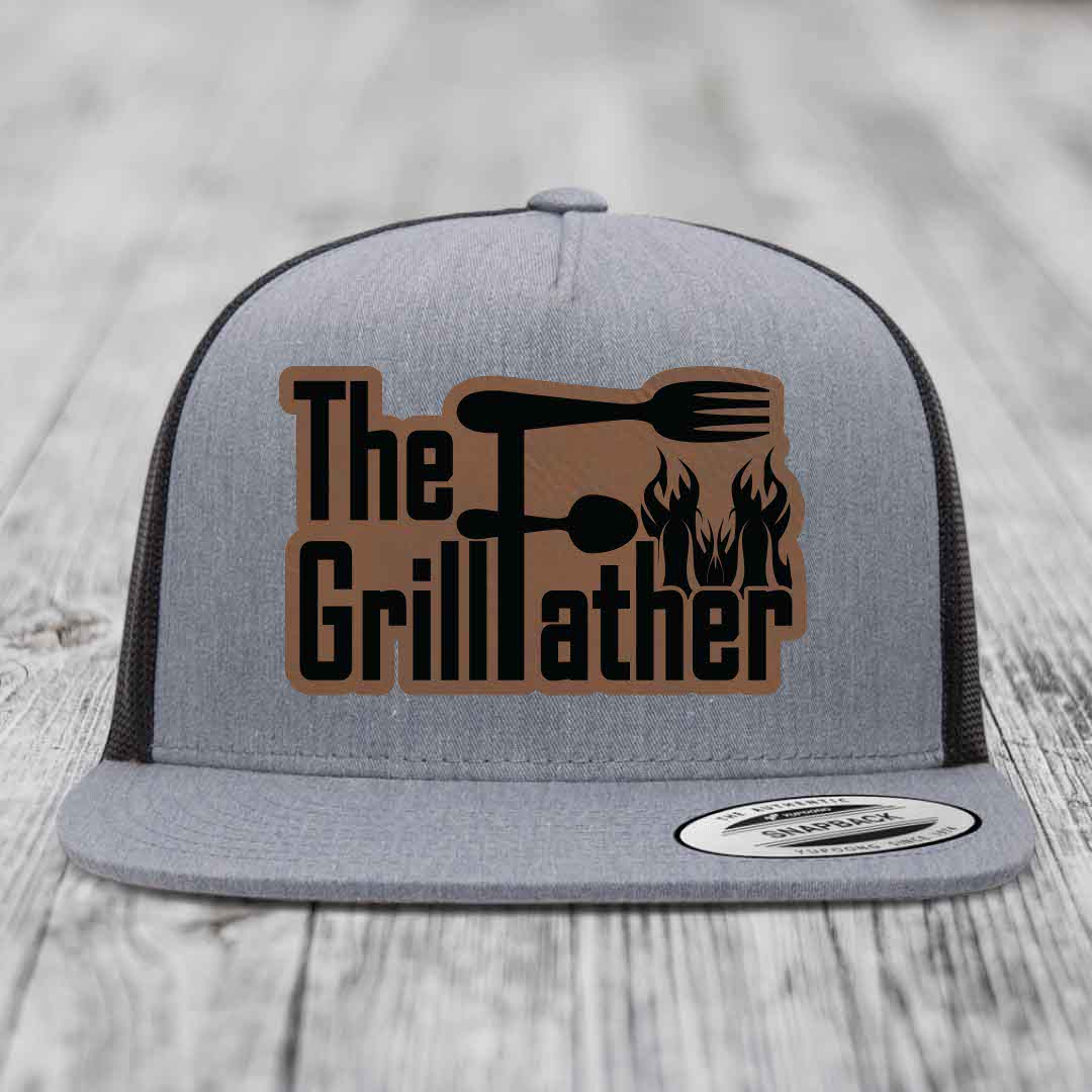The Grillfather - Leather Patch Hat - Dark Brown to Black Patch - Yupoong 6006 Snapback Flatbill Hat