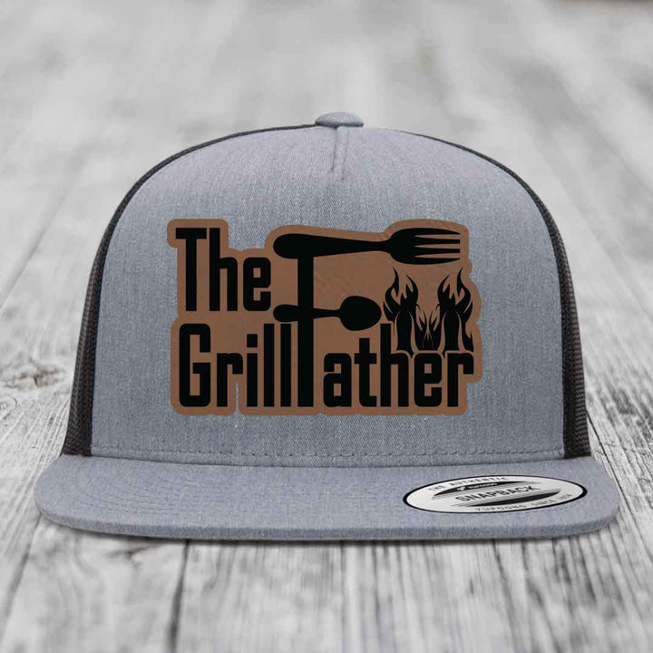 The Grillfather - Leather Patch Hat - Dark Brown to Black Patch - Yupoong 6006 Snapback Flatbill Hat