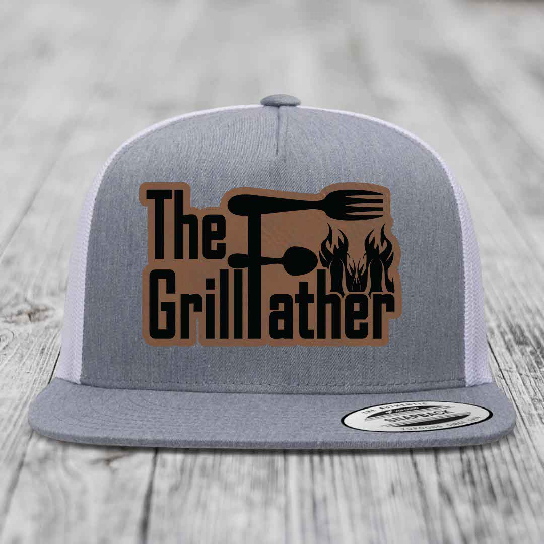 The Grillfather - Leather Patch Hat - Dark Brown to Black Patch - Yupoong 6006 Snapback Flatbill Hat