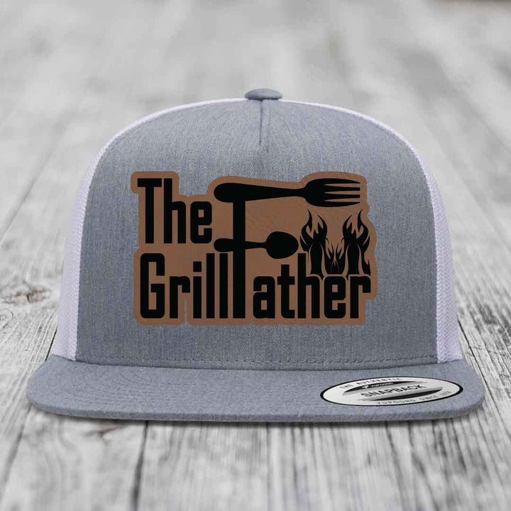 The Grillfather - Leather Patch Hat - Dark Brown to Black Patch - Yupoong 6006 Snapback Flatbill Hat