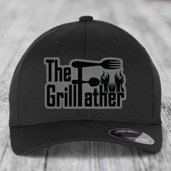 The Grillfather - Leather Patch Hat - Grey to Black Patch - Flexfit 6277 Fitted Hat