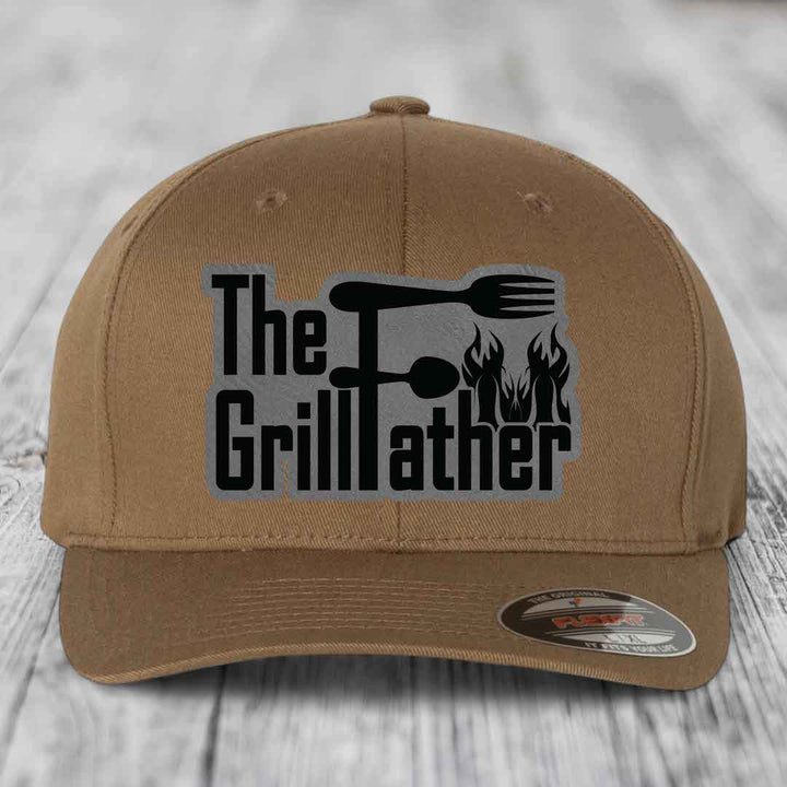 The Grillfather - Leather Patch Hat - Grey to Black Patch - Flexfit 6277 Fitted Hat