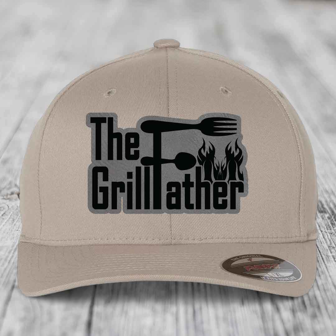 The Grillfather - Leather Patch Hat - Grey to Black Patch - Flexfit 6277 Fitted Hat