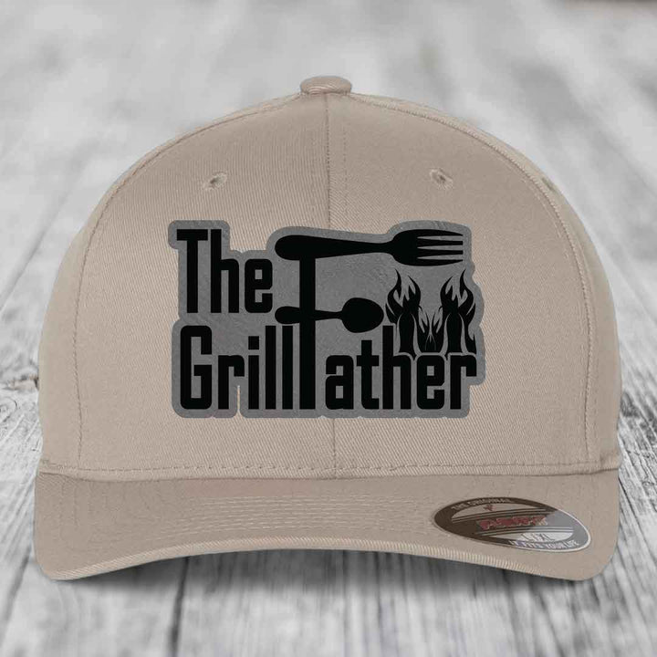 The Grillfather - Leather Patch Hat - Grey to Black Patch - Flexfit 6277 Fitted Hat