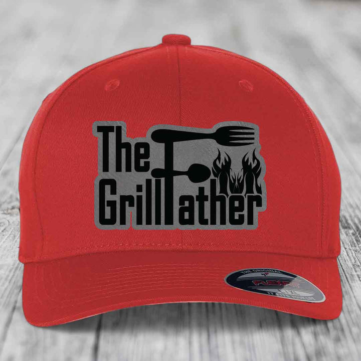 The Grillfather - Leather Patch Hat - Grey to Black Patch - Flexfit 6277 Fitted Hat