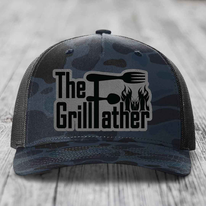 The Grillfather - Leather Patch Hat - Grey to Black Patch - Richardson 112PFP Snapback Trucker Hat