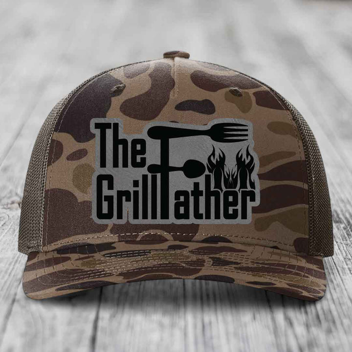 The Grillfather - Leather Patch Hat - Grey to Black Patch - Richardson 112PFP Snapback Trucker Hat