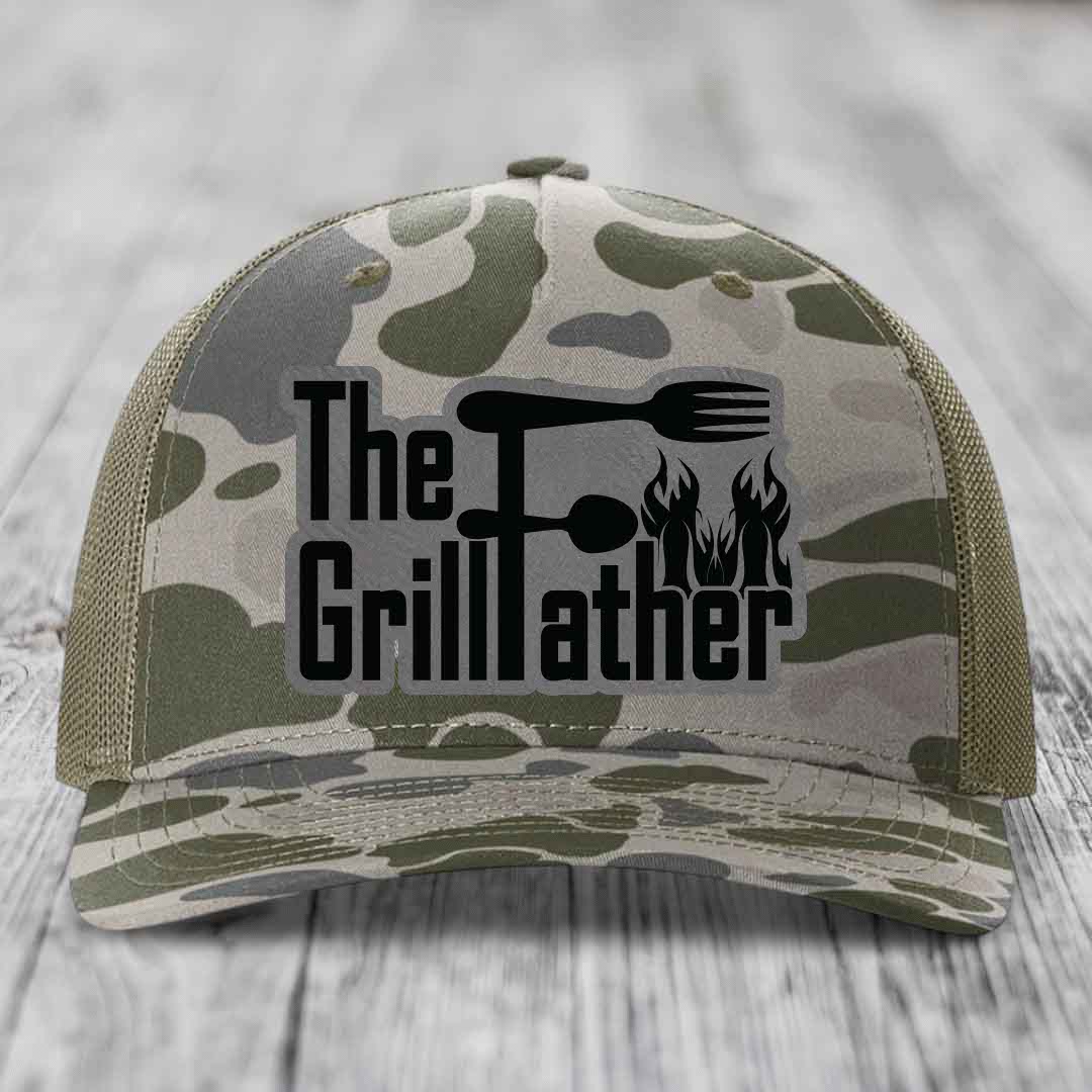 The Grillfather - Leather Patch Hat - Grey to Black Patch - Richardson 112PFP Snapback Trucker Hat