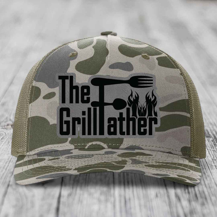 The Grillfather - Leather Patch Hat - Grey to Black Patch - Richardson 112PFP Snapback Trucker Hat