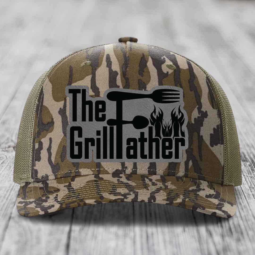 The Grillfather - Leather Patch Hat - Grey to Black Patch - Richardson 112PFP Snapback Trucker Hat