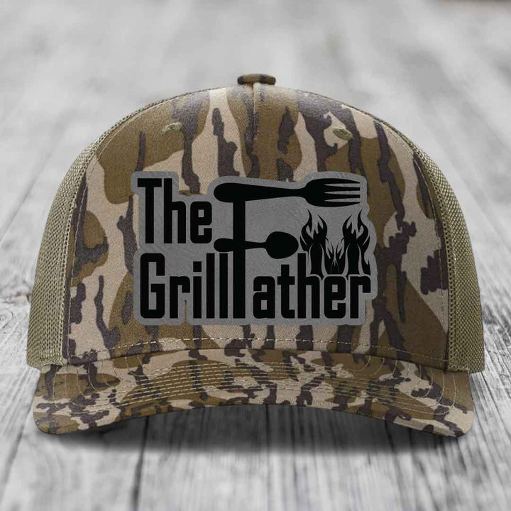 The Grillfather - Leather Patch Hat - Grey to Black Patch - Richardson 112PFP Snapback Trucker Hat