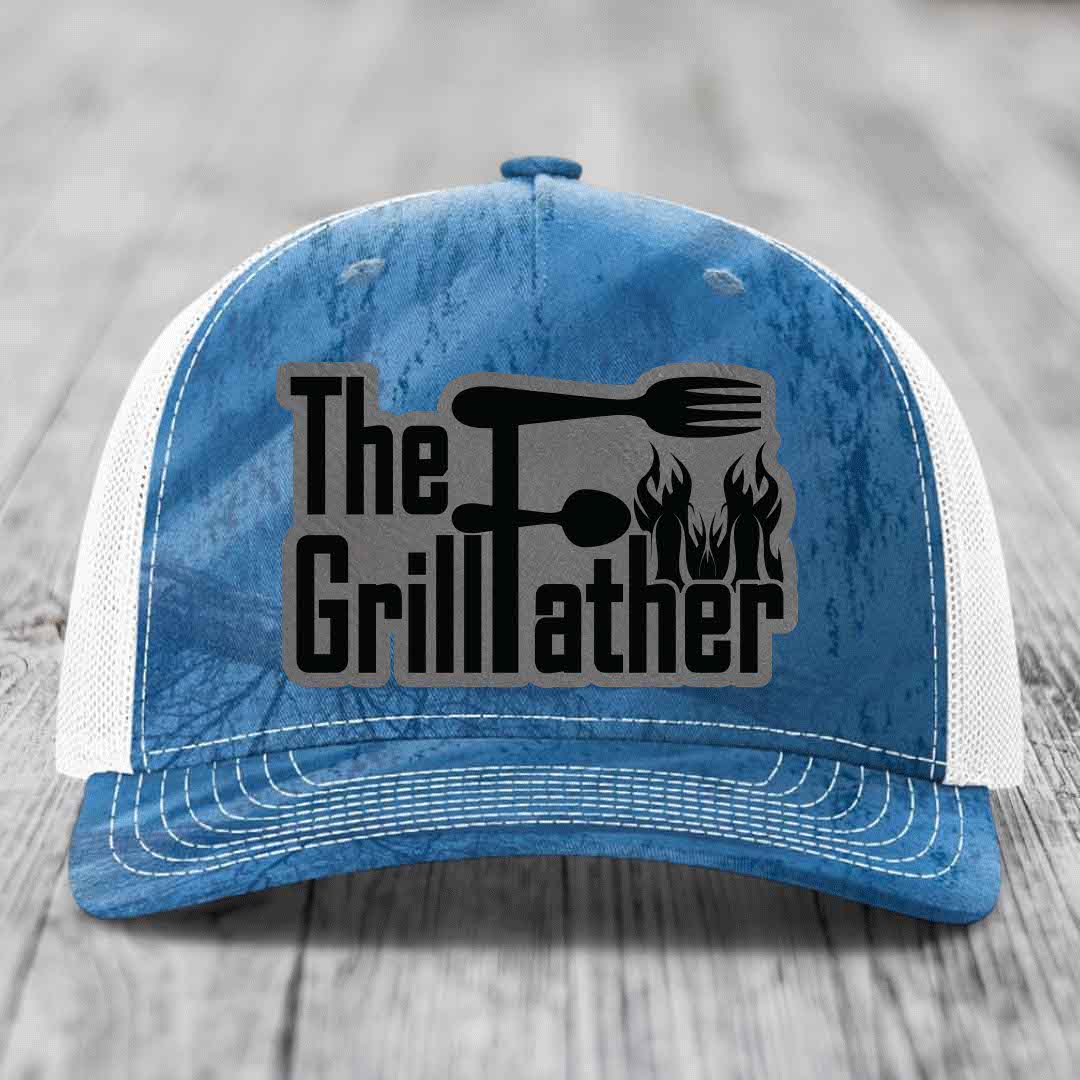 The Grillfather - Leather Patch Hat - Grey to Black Patch - Richardson 112PFP Snapback Trucker Hat