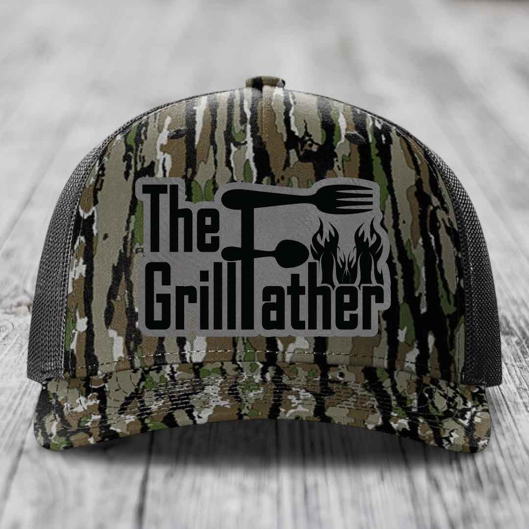 The Grillfather - Leather Patch Hat - Grey to Black Patch - Richardson 112PFP Snapback Trucker Hat