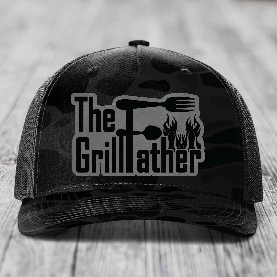 The Grillfather - Leather Patch Hat - Grey to Black Patch - Richardson 112PFP Snapback Trucker Hat