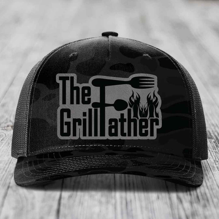 The Grillfather - Leather Patch Hat - Grey to Black Patch - Richardson 112PFP Snapback Trucker Hat