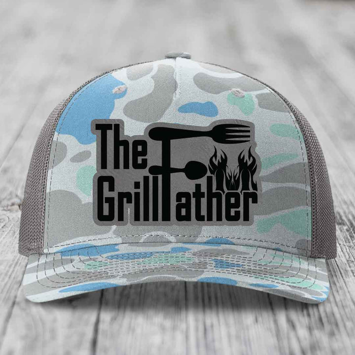 The Grillfather - Leather Patch Hat - Grey to Black Patch - Richardson 112PFP Snapback Trucker Hat
