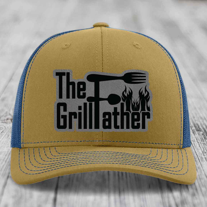 The Grillfather - Leather Patch Hat - Grey to Black Patch - Richardson 112 Snapback Trucker Hat