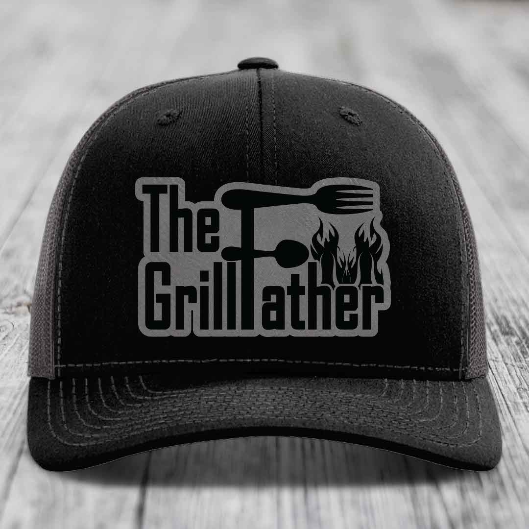 The Grillfather - Leather Patch Hat - Grey to Black Patch - Richardson 112 Snapback Trucker Hat