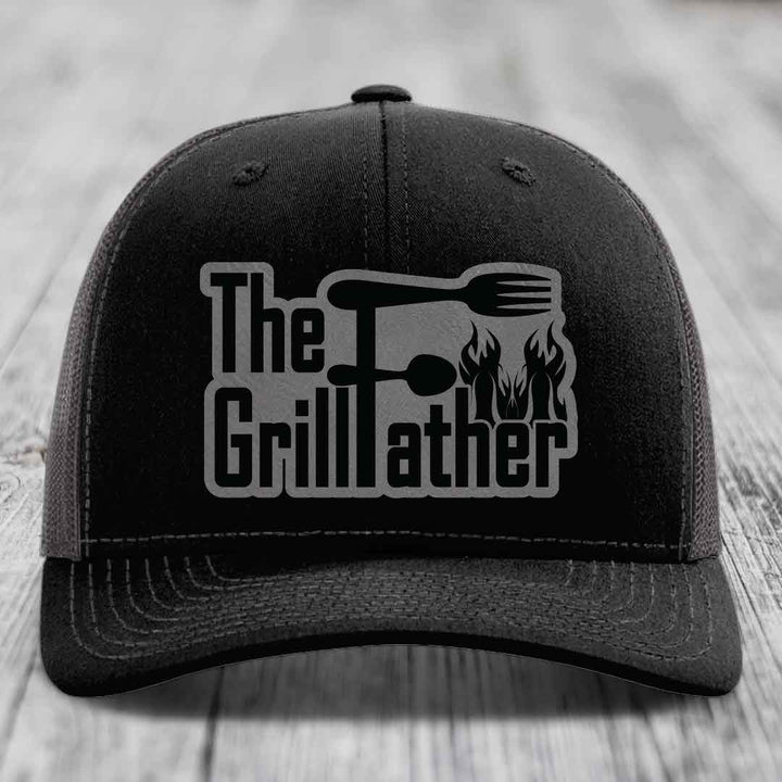 The Grillfather - Leather Patch Hat - Grey to Black Patch - Richardson 112 Snapback Trucker Hat