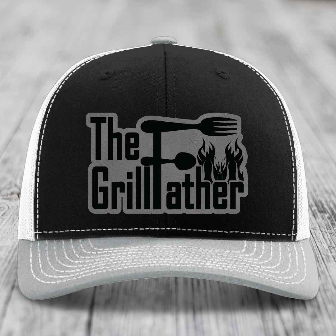 The Grillfather - Leather Patch Hat - Grey to Black Patch - Richardson 112 Snapback Trucker Hat